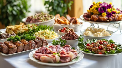Beautifully decorated table with meat dishes on a white tablecloth.
