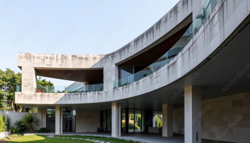 Poster modern architectural design with curved elements and greenery.