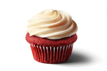 Single red velvet cupcake with swirl of cream cheese frosting
