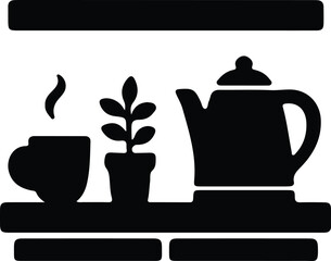 Illustrator Vector Breakfast scene with coffee pot and plant silhouette