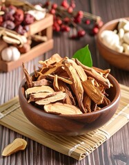 Fototapeta premium Dried medicinal herbs in wooden bowl