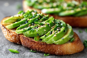 Toasted bread topped with sliced avocado, sesame seeds, and green onions