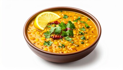 Spicy Yellow Dal Lentil Soup with Lemon, Cilantro, and Chili in a Brown Bowl on White
