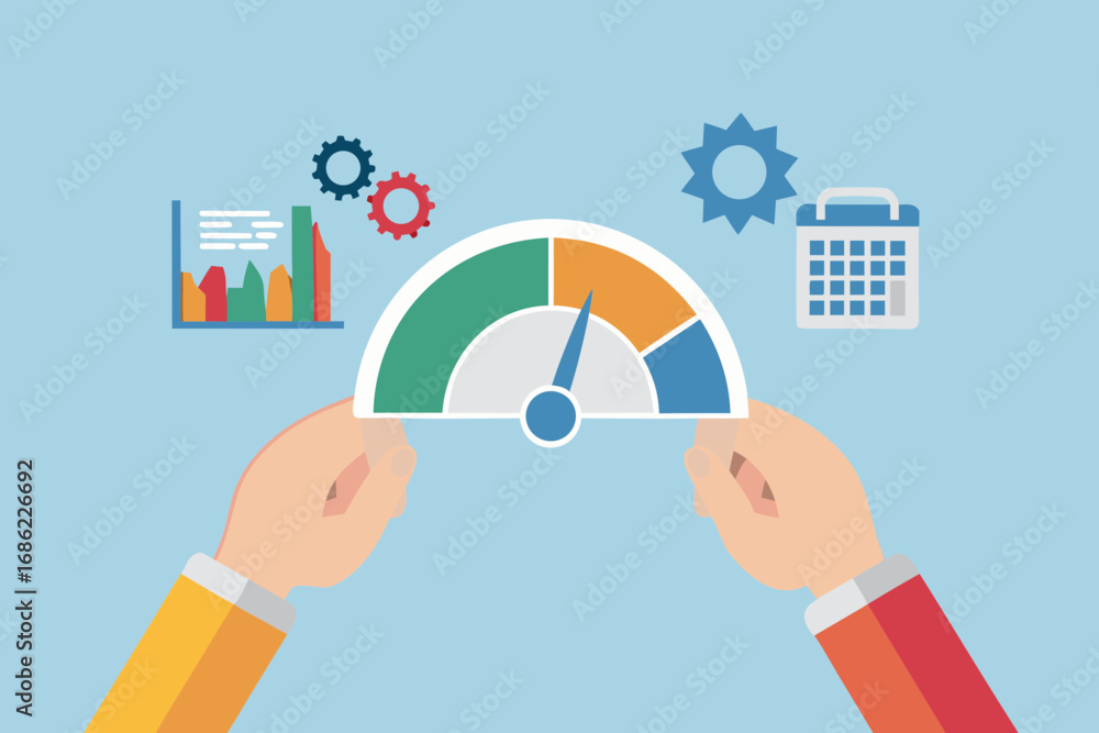 Poster hands holding a performance meter with a bar graph gears and calendar icons representing business an