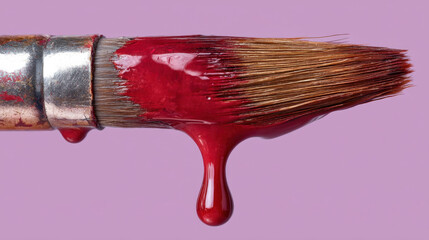 Close up of paintbrush with red paint dripping from bristles, showcasing texture and detail of brush. vibrant color contrasts against soft purple background, creating artistic and dynamic visual