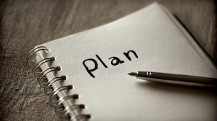 Notebook with word Plan written blank page, accompanied by silver pen, evokes sense of organization and preparation. This symbolizes importance of planning achieving goals and staying focused