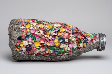 A bottle encased in grey material, adorned with colorful, small, possibly resin pieces