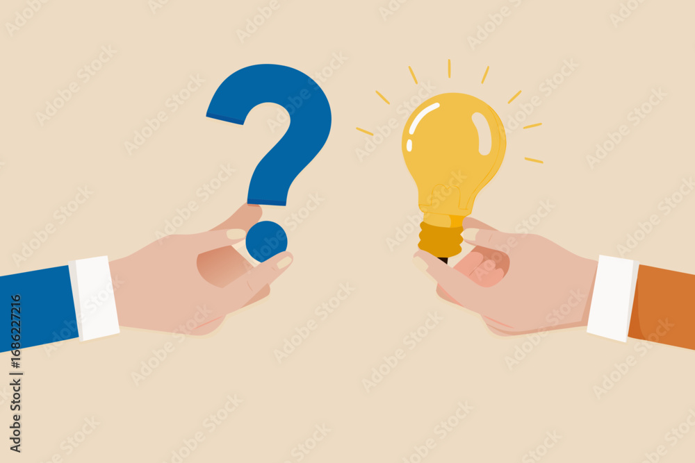 Poster two hands holding a question mark and a glowing light bulb representing problem solving and innovati