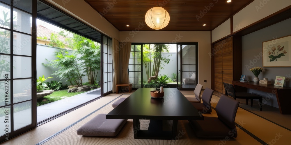 Poster modern interior with a view of a garden through large windows.