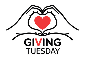 Hands forming heart shape around red heart with giving tuesday text below