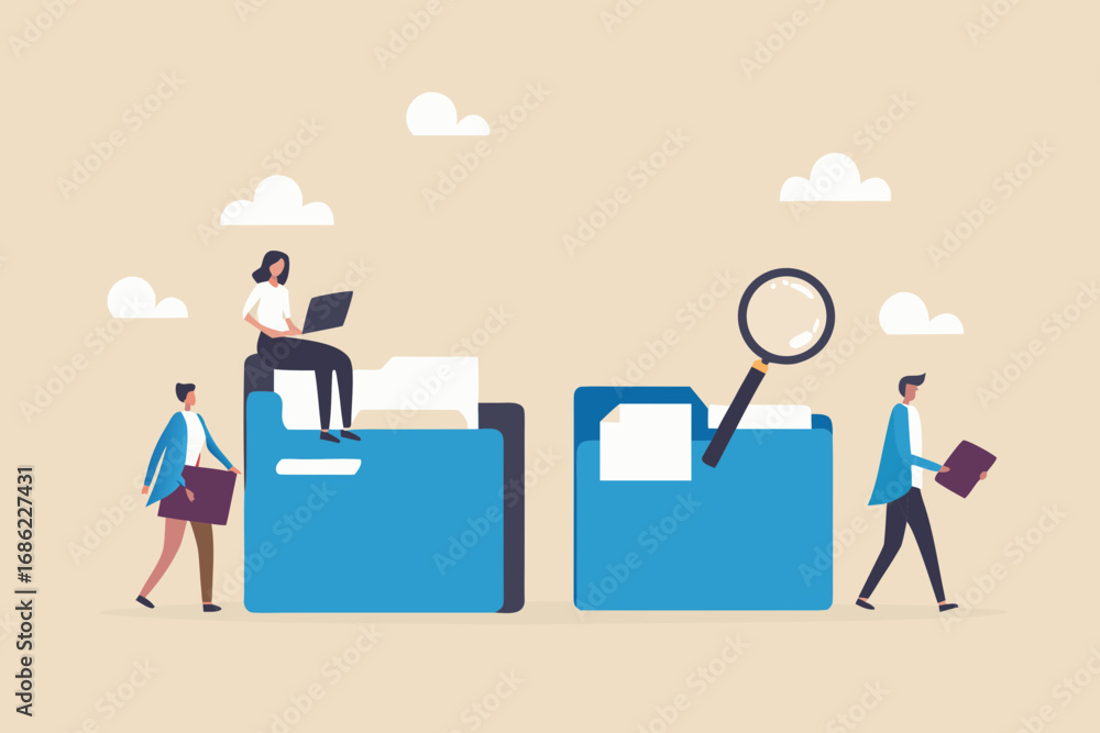 Aufkleber people organizing and searching through digital files and documents with a magnifying glass and lapt