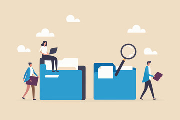 People organizing and searching through digital files and documents with a magnifying glass and laptop