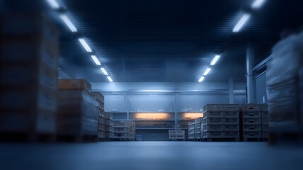 Obraz premium Community food bank distribution room with empty crates, fluorescent overhead glow, muted cold palette