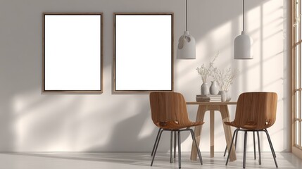 Modern Minimalist Dining Area with Wooden Chairs and Vases in Bright Sunlit Room