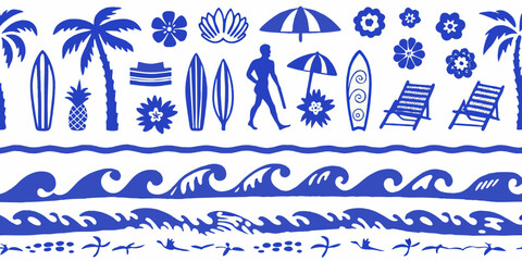 Blue and white tropical beach seamless pattern with palm trees surfboards umbrellas and waves