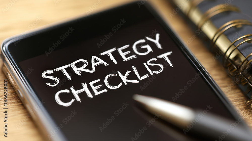 Poster strategy checklist displayed on smartphone screen, emphasizing organization and planning. background
