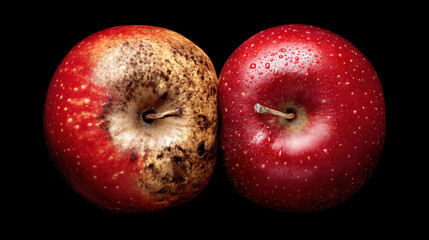 Fresh red apple and rotten apple side by side, showcasing contrast between freshness and decay. vibrant color of healthy apple highlights imperfections of spoiled one, evoking sense of awareness