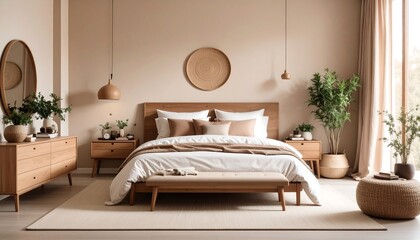 Serene Minimalist Bedroom Design:  Neutral Tones and Natural Wood