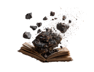Open book with rocks erupting from pages