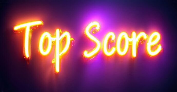 Bright neon sign displays Top Score. Vivid orange glows against purple backdrop. Simple text, bold design, captivating illumination.