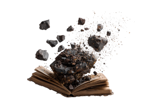 Open book with rocks erupting from pages