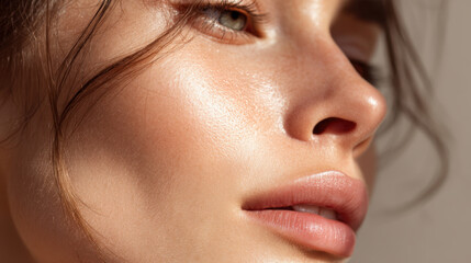 Close up of woman face showcasing smooth, radiant skin with natural highlights. image captures beauty of healthy skin, emphasizing features like full lips and delicate facial contours