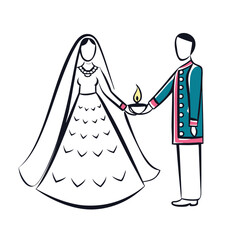 Elegant Illustration of an Indian Wedding Ceremony Depicting Bride and Groom Exchanging a Sacred Flame in Traditional Attire © Bulbul