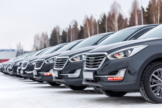 Row of dark SUVs parked outdoors in winter