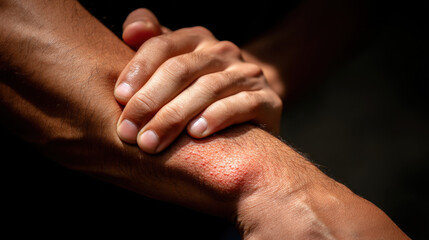 Fototapeta premium Person applying pressure to minor injury on their arm, showcasing close up of hands and skin texture. image conveys sense of care and concern for health and well being