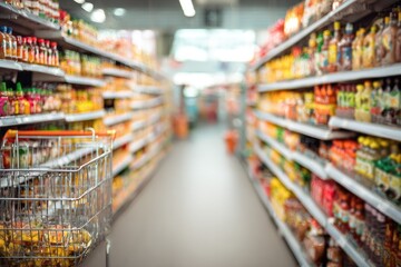 Supermarket aisle with shopping cart, stocked shelves blurred