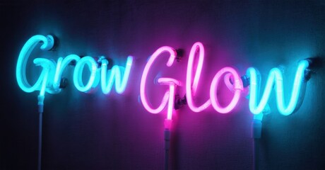 Obraz premium Bright neon sign displays words Grow Glow. Vivid blue, pink hues illuminate dark background. Modern aesthetic, inspirational message.