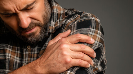 Man in plaid shirt is experiencing discomfort, holding his shoulder with pained expression. image conveys sense of distress and physical struggle