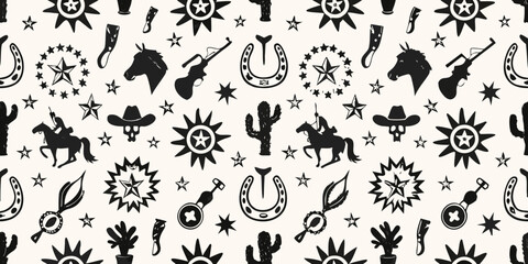 Whimsical western pattern featuring cowboys horses cacti horseshoes and guns