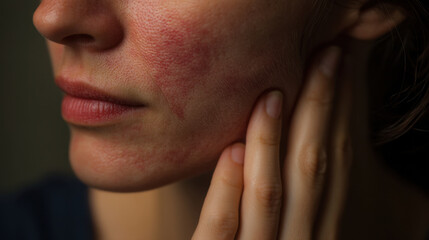 Obraz premium Skin condition close up woman facial redness touch sensitivity beauty health skincare natural light portrait emotional expression texture blemish dermatology care wellness lifestyle hands profile