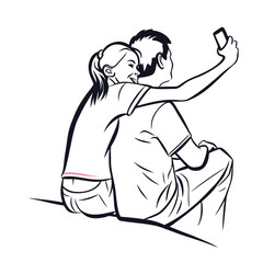 Line Art Depiction of a Couple Taking a Selfie Together Seated and Embracing Happiness and Connection in a Loving Moment