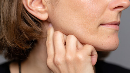 Obraz premium Close up of woman gently touching her jawline with her fingers, showcasing thoughtful expression. soft lighting highlights her skin texture and contours of her face, creating intimate