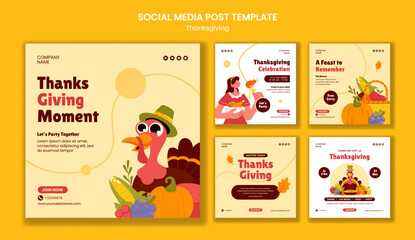 Thanksgiving Day Celebration Social Media Post Template with Flat Cartoon Background Illustration