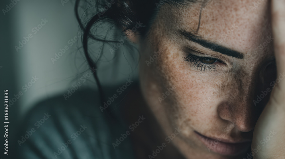 Poster emotional portrait of woman with freckles, displaying contemplative expression. soft lighting highli