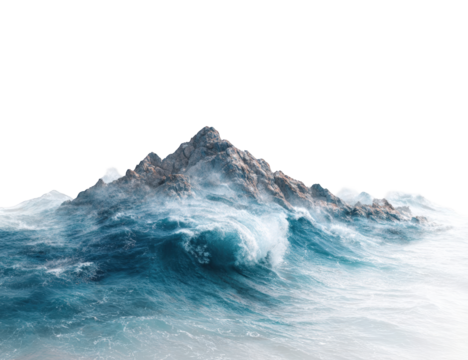 Rugged mountain peak emerging from turbulent waves