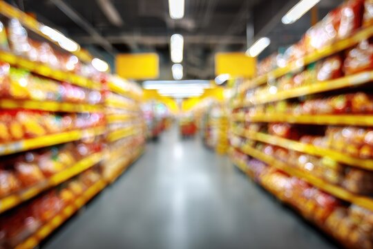 Blurred aisle in a grocery store, stocked with snack foods