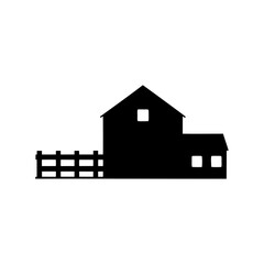 Monochrome silhouette of a rural house with fence in a simple design