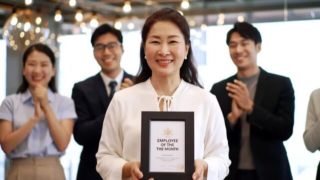 Celebrating an employee of the month in a modern office setting with colleagues applauding in the background