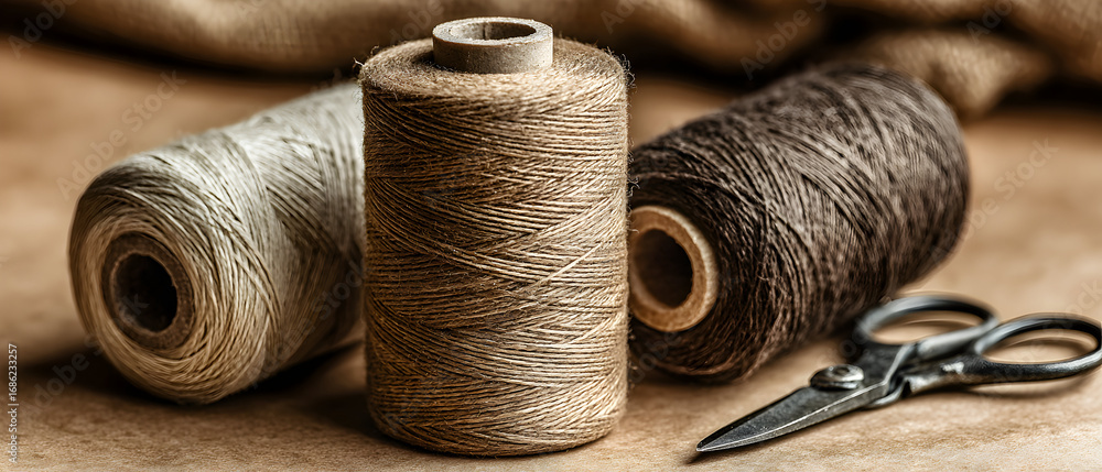 Poster three spools of thread and a pair of scissors on a wooden surface.