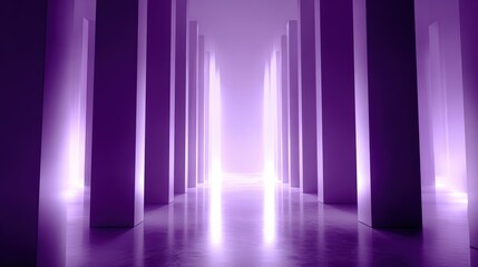 Futuristic corridor with glowing purple neon lights and tall vertical pillars creating a symmetrical tunnel effect