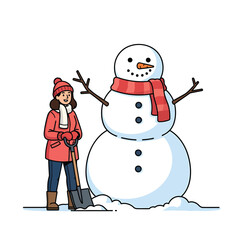 A person in a winter hat and coat shovels snow next to a large snowman wearing a scarf.