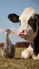 Fototapeta premium Black and White Cow with Curious Bird Under Soft Sunlight Vertical Background