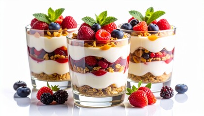 Three layered yogurt parfaits with fresh mixed berries, granola, and mint garnish on a white background.