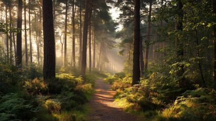 Fototapeta premium Serene forest path bathed in golden morning light. Misty atmosphere creates a magical, peaceful mood. Ideal for travel, nature, or wellness projects. High-resolution image perfect for print or web