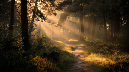 Obraz premium Serene forest path bathed in golden morning light. Misty atmosphere creates a magical, peaceful mood. Ideal for travel, nature, or wellness projects. High-resolution image perfect for print or web