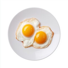 Two perfectly cooked sunny-side-up eggs on a clean white plate, showcasing vibrant yellow yolks and delicate egg whites, ideal for breakfast or culinary presentations